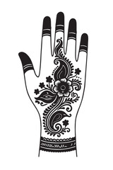 Beautiful black mehndi design on a hand featuring floral and paisley motifs with bold outlines, perfect for bridal art, tattoo ideas, decoration, and cultural design themes