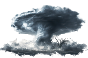 Supercell storm creates a dramatic funnel cloud in the sky over a desolate landscape during a late afternoon thunderstorm