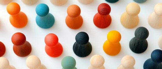 Diverse collection of brightly colored wooden pawn shaped figures arranged in rows, symbolizing diversity, teamwork, and social concepts