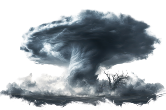 Supercell storm creates a dramatic funnel cloud in the sky over a desolate landscape during a late afternoon thunderstorm