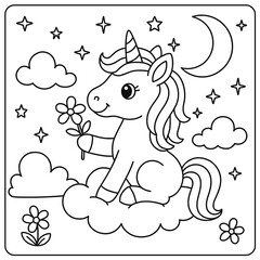 Cartoon unicorn sitting on a cloud holding a flower with stars and moon coloring page