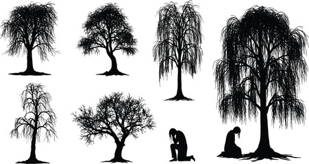 Weeping willow tree silhouette, sad woman under tree, emotional sorrow artwork, grief meditation vector, solitude forest design, melancholy outdoor illustration, loneliness art © parves's world