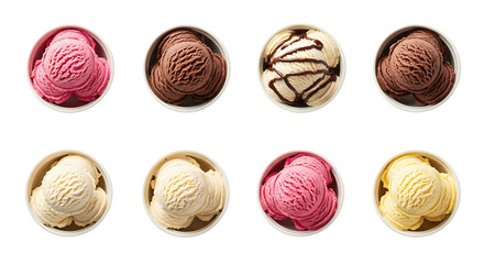 Eight bowls of assorted ice cream flavors, including chocolate vanilla and raspberry, isolated on white or transparent background, AI