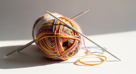 Colorful yarn ball with knitting needles
