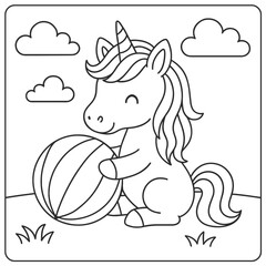 Line art of a unicorn holding a striped ball with clouds in the background on grass