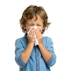 A young boy with curly hair sneezing into a tissue wearing a blue shirt against a black background