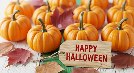 A group of small, bright orange pumpkins are arranged on a rustic wooden surface, with a wooden tag that says happy halloween and scattered autumn leaves