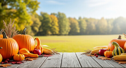 Wooden table with various pumpkins, gourds, corn, and apples in a field during autumn with trees in the background