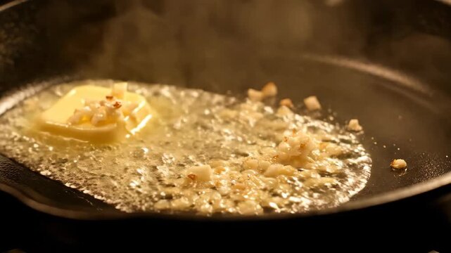 Butter melting and cooking garlic in hot pan. Delicious ingredient preparation for dinner cooking. Food ingredient footage.