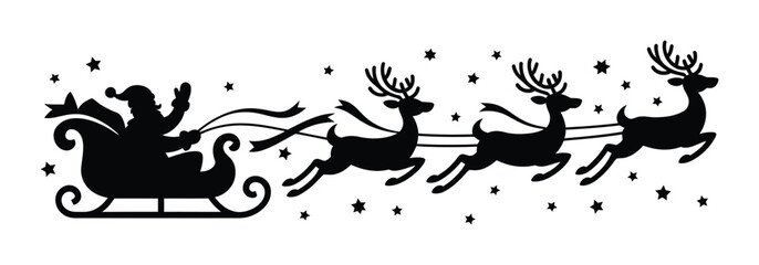 Naklejka premium Santa sleigh flying with reindeer silhouette christmas festive vector illustration