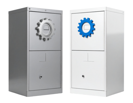 Dual Filing Cabinets with Gear Icons for Office Automation, isolated on transparent background - Powered by Adobe