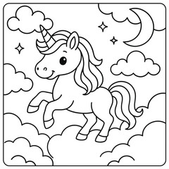 A cartoon unicorn prancing among clouds with stars and a crescent moon outlined in black