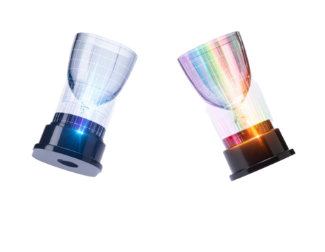 Two Variations of Golden Holographic Award Trophies, isolated on transparent background
