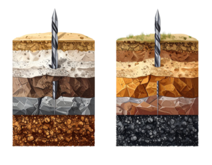 Two Variations of Industrial Drill Bit Penetrating Ground Cross-Section – isolated on transparent background