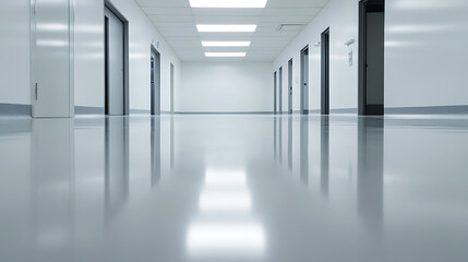 Obraz premium Clean, minimalist hallway with reflective floor. Doors line walls, illuminated by overhead lights. A modern architectural space.