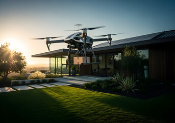 Drone Delivering Package to Modern Home