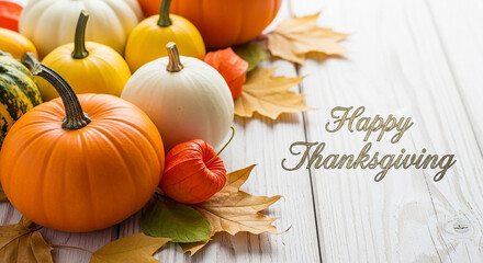 Happy thanksgiving text on a wooden background with pumpkins and autumn leaves