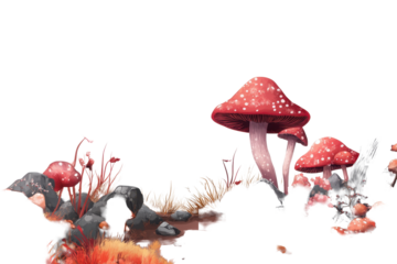 Enchanted Japanese forest featuring glowing mushrooms and vibrant cherry blossoms at twilight creating a magical atmosphere of wonder and tranquility