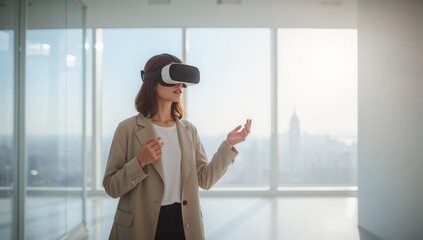 Illustration of young woman in vr headset standing in office with city view behind her