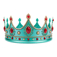 A turquoise crown adorned with red jewels and gold accents on a black background for royalty themes