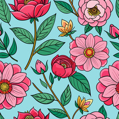 Seamless vector pattern featuring pink peonies and red roses on a light blue background