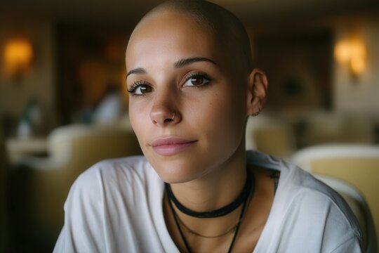 Retrato de una mujer con el pelo rapado, mirada fija y expresi&oacute;n serena.