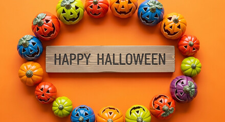 Happy halloween message surrounded by colorful carved pumpkins and gourds arranged in a circle on an orange background, festive decoration