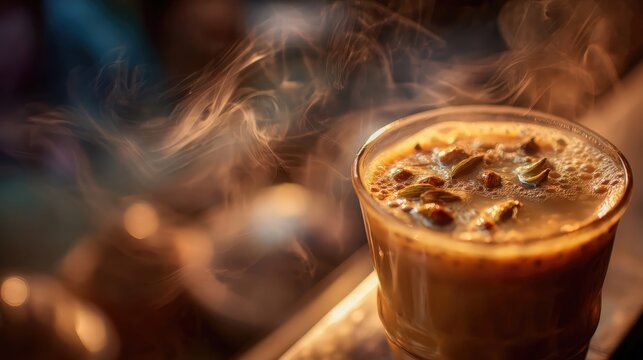Una taza de chai latte humeante en un ambiente cálido y acogedor.