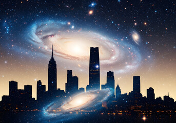City Silhouette with Cosmic Galaxy