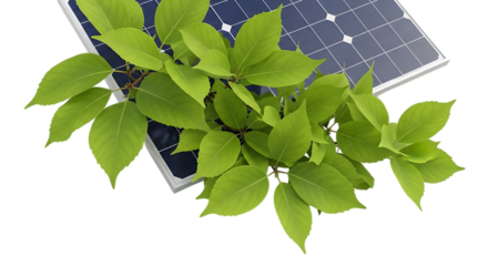 Green leaves growing over a solar panel, isolated on white or transparent background. PNG