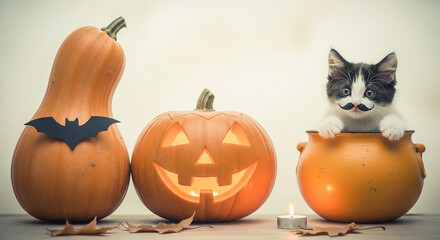Cute kitten with a mustache peeking out of a cauldron next to a carved pumpkin and a gourd with a bat decoration, celebrating halloween