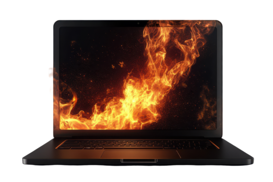 Modern laptop with flames emerging from its screen creating a dramatic visual effect that symbolizes overheating or failure, captured against a simple background