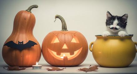 A charming kitten with a fake mustache sits in a yellow pot beside a carved pumpkin and a gourd, ready for halloween festivities