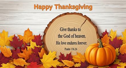 Happy thanksgiving message with a bible verse about gods love, surrounded by autumn leaves and a pumpkin
