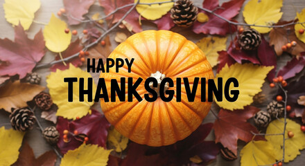 Happy thanksgiving message with a large pumpkin surrounded by colorful autumn leaves and pine cones, ideal for holiday greetings and seasonal decor