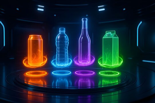 Colorful glowing beverage containers in futuristic setting with neon light effects