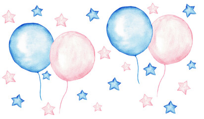 Pink and blue watercolor illustration with balloons and stars for gender reveal party, baby shower, birthday, baptism, boy or girl party. Hand drawn. For invitation, card, poster, banner
