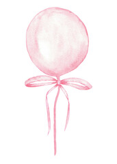 Pink balloon with bow for celebrations and party decorations. Isolated watercolor illustartion for gender reveal party, baby shower, birthday, baptism, boy or girl party. Hand drawn