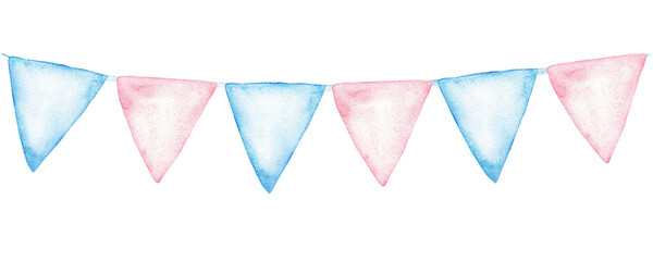 Festive bunting with colorful flags for party celebration and event decoration. Watercolor blue and pink pastel illustration. For gender reveal party, baby shower, birthday, baptism, boy or girl party