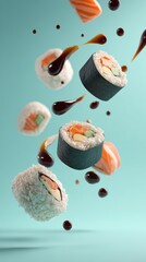 A sushi roll with sauce and a piece of avocado