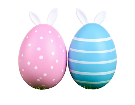 Pair of Easter Eggs with White Bunny Ears in Grass – isolated on transparent background - Powered by Adobe