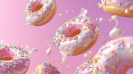 A close up of a row of donuts with sprinkles