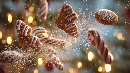 A bunch of Christmas cookies are flying through the air