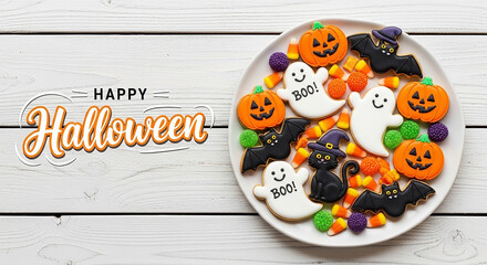 Happy halloween text and decorated cookies on a white wooden table, including pumpkins, ghosts, bats, and black cats, with colorful candies scattered around