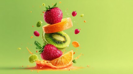 A fruit salad with a green kiwi on top