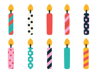 Burning Birthday Cake Candle Vector Collection &ndash; Cute Flat Design Candlelights Set for Party Invitations, Celebration Cards, and Festive Birthday Artwork