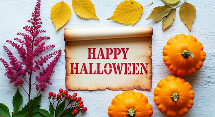 A rustic flat lay composition for happy halloween, featuring a vintage scroll with text, small orange gourds, a purple flower, red berries, and yellow autumn leaves on a white wooden surface