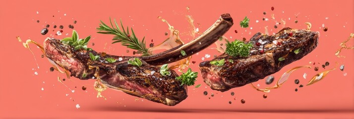 A close up of two pieces of meat with herbs and spices on top