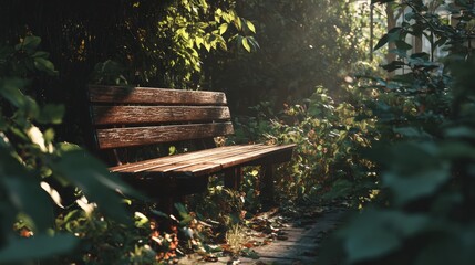 A wooden bench is in a park with trees and bushes