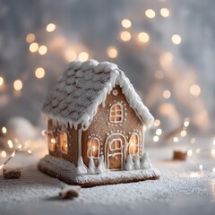 A gingerbread house with white icing and snow on it